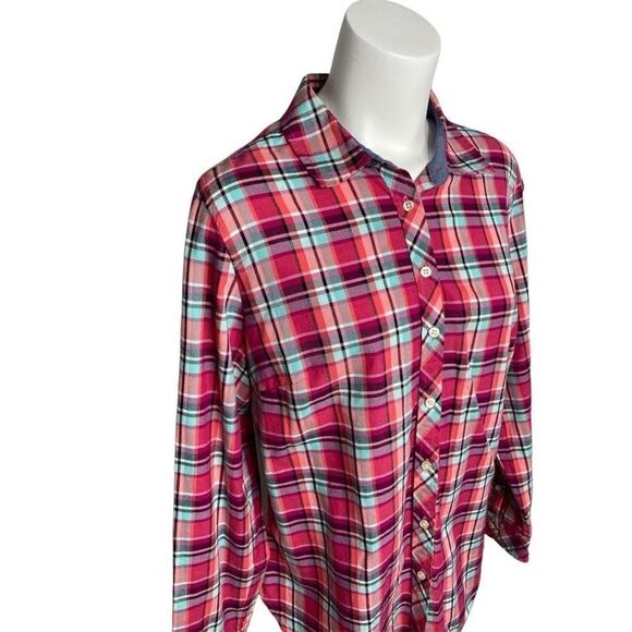 TALBOTS Button Down Pink Aqua Plaid Long Sleeve Cotton Top Large - Picture 2 of 9